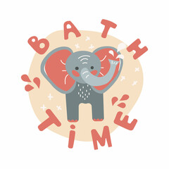 Vector illustration of baby elephant with lettering, isolated on white background. Cute funny african animal for children, can used like a sticker, t-shirt print, poster