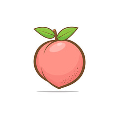 peach fruit with big green leaves isolated on a white background. design elements, logo templates, vegetarian menu decoration. Flat style illustration
