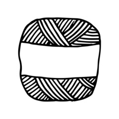 A skein of yarn with knitting needles in doodle style. Needlework, knitting. Black and white vector illustration. Isolated on white background design element