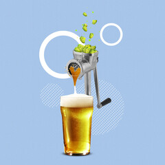 Contemporary art collage with grinder cutting beer hops into glass of foamed lager beer