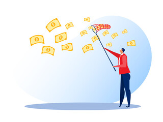 businessman trying to catch money fly sky vector illustrator.