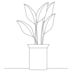 Fototapeta na wymiar The potted plant is drawn by hand with a contour. A home flower with a black outline. Flower Icon. Vector illustration