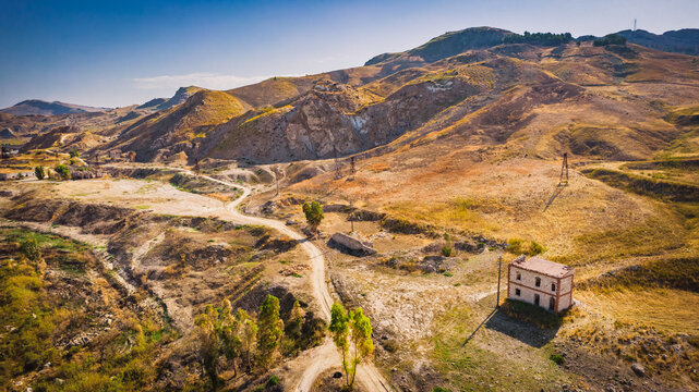 Sicilian Landscape with the Old Sulfur Mines Near Riesi and Sommatino, Province of Caltanissetta, Sicily, Italy, Europe