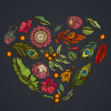 Heart floral design on dark background with banana palm leaves, hibiscus, solanum, bromeliad, peacock feathers, protea