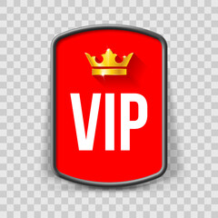Red Promo Board, or Button Isolated on a Transparent Background. Template with Text VIP and Golden Crown. Good for Your Websites, Blogs, or Applications