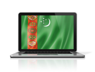 Turkmenistan flag on laptop screen isolated on white. 3D illustration