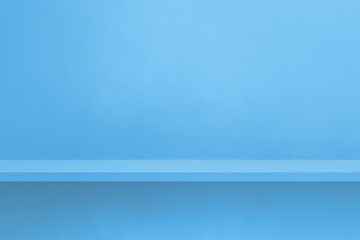 Empty shelf on a blue wall. Background template. Horizontal backdrop