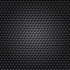 Black Grid with Regular Round Holes, or Spheres with Light Effect. Perforated Metal Texture Seamless Pattern Background, Dotted Technological Metallic Backdrop