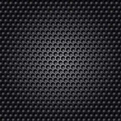 Black Grid with Regular Round Holes, or Spheres with Light Effect. Perforated Metal Texture Seamless Pattern Background, Dotted Technological Metallic Backdrop