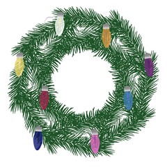 Fototapeta na wymiar Christmas wreath made of pine branches. Vector illustration frame on the door made of Christmas tree branches with colorful light bulbs