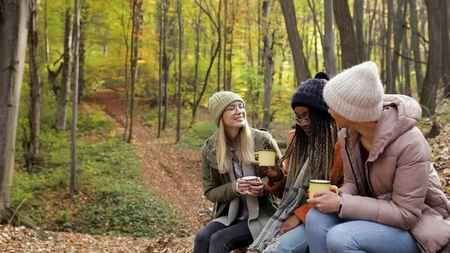 Three female friends having fun and enjoying hiking in forest.