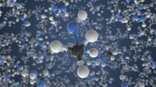 Methylhydrazine molecule made with balls, conceptual molecular model. Chemical looping 3d animation