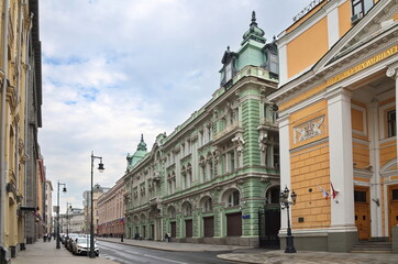 Fototapeta na wymiar Moscow, Russia - September 12, 2021: View of Ilyinka Street the building of the Presidential Administration of the Russian Federation, the former Volga-Kama Commercial Bank 
