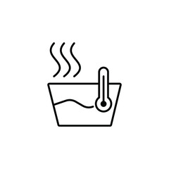 Dish or pan with thermometer and hot steam. Linear icon of baking in oven, reheat food. Black simple illustration of cooking process.