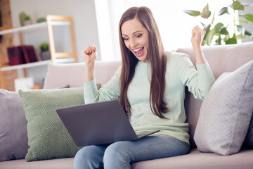 Photo of hooray young brunette lady sit on sofa with laptop wear blue shirt at home alone