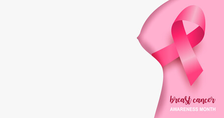 Breast cancer awareness month symbol emblem. Design with pink ribbon on pink background. vector.