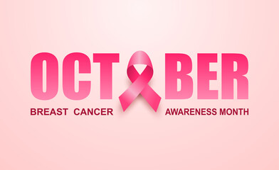Breast cancer awareness month symbol emblem. Design with pink ribbon on pink background. vector.