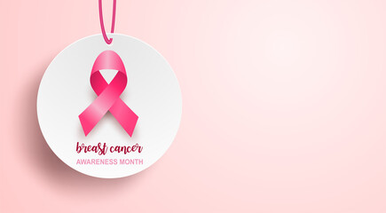 Breast cancer awareness month symbol emblem. Design with pink ribbon on pink background. vector.