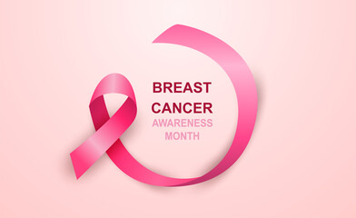 Obraz premium Breast cancer awareness month symbol emblem. Design with pink ribbon on pink background. vector.