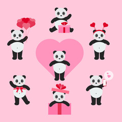 This is a set of pandas in different actions for valentines day on a pink background.