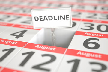 DEADLINE plate on August 5 in a calendar, 3d rendering