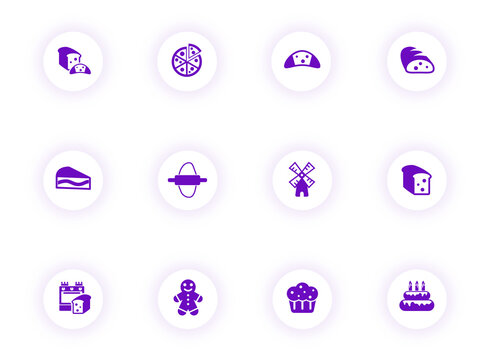 bakery purple color vector icons on light round buttons with purple shadow. bakery icon set for web, mobile apps, ui design and print