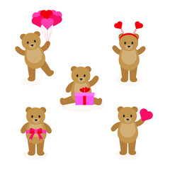 This is a set of teddy bears in different actions for valentines day isolated on a white background.
