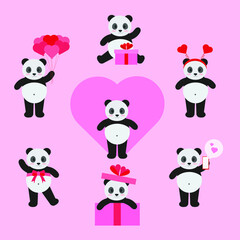 This is a set of pandas in different actions for valentines day isolated on a pink background.