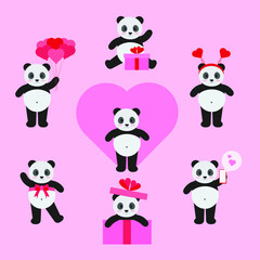 Naklejka premium This is a set of pandas in different actions for valentines day isolated on a pink background.
