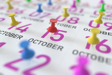 October 15 date and push pin on a calendar, 3D rendering