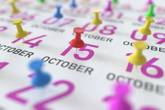 October 15 date and push pin on a calendar, 3D rendering