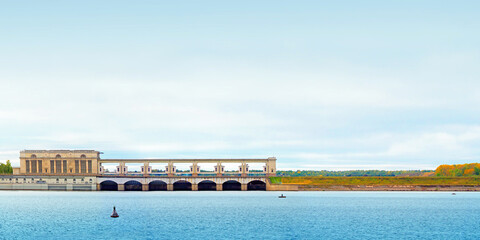 Uglich hydroelectric power station on the Volga river, Russia. Part of the Volga-Kama cascade of hydroelectric power plants