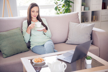 Photo of nice young brunette lady sit on sofa drink tea watch film wear blue shirt at home alone