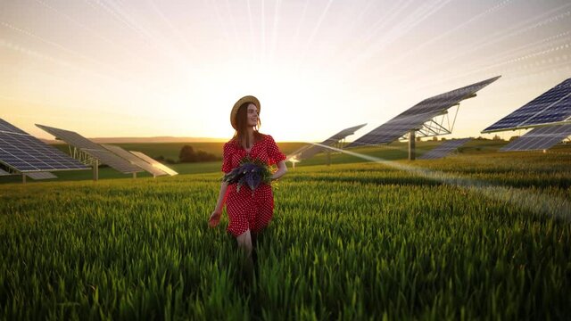 Young beautiful woman in hat holding a bouquet of flowers in summer field with Solar Panels Farm. Concept of Sustainability of planet. Green energy. Warm sunset colors