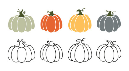 Pumpkins Vector Illustration. Set of Pumpkins of Different Styles, Shapes and Colors