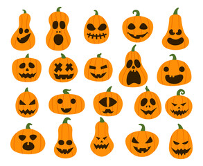 Halloween Pumpkins Vector Illustration. Set of Cartoon Halloween Pumpkins with Different Designs and Emotions