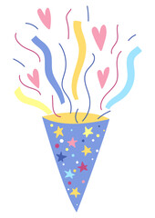 Illustration of Happy Birthday firecracker with streamers. Celebration or holiday item.
