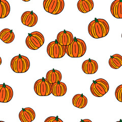 Beautiful bright orange pumpkins for holiday halloween isolated on a white background. Seamless pattern