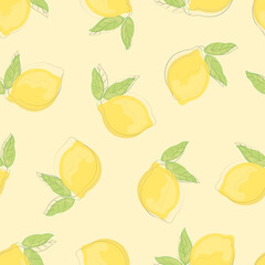 Seamless pattern with hand drawn lemons. Citrus fruits on a pastel yellow background. Background for textiles, kitchen utensils and wrapping paper, background for site
