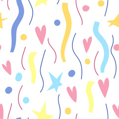Ceamless pattern with streamers and hearts. Background for Birthday, anniversary and party.