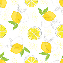 Seamless pattern with hand drawn lemons. Citrus fruits on a transparent background. Background for textiles, kitchen utensils and wrapping paper, background for site
