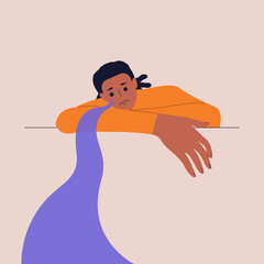 A psychological portrait of a black crying man with his head down. River of Tears. An anxiety and depression concept, psychotherapy. Vector illustration in a flat style. Eps 10.