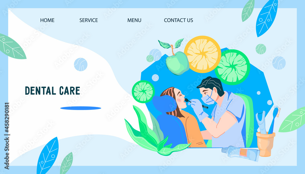 Wall mural Website banner with dentist and patient undergoing dental health checkup. Web page template for dental clinic. Tooth health and oral hygiene medical services, flat vector.