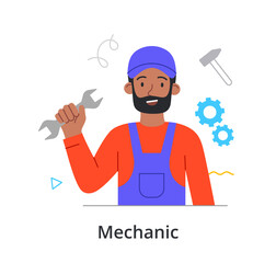 Smiling male character is enjoing working as a mechanic on white background. People like their job. Man is holding a wrench with mechanic equipment on the background. Flat cartoon vector illustration
