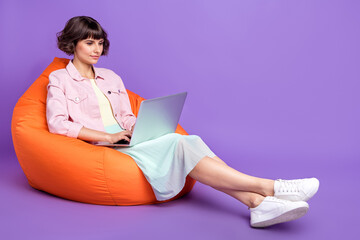 Full size photo of focused charming young woman sit chair hold laptop work isolated on purple color background