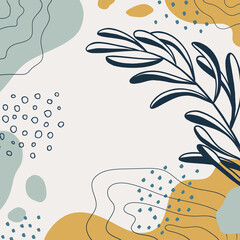 Background with organic shapes, leaves, plants. Modern trendy vector graphic, template, greeting card, frame. Abstract natural elements in trendy doodle style for holiday, business. Floral design