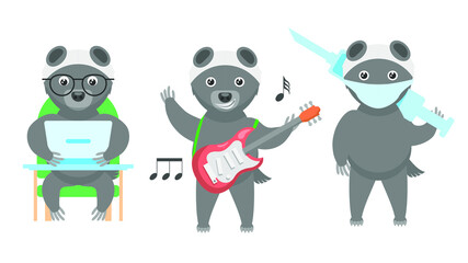 Fototapeta premium Set Abstract Collection Flat Cartoon Different Animal Honey Badgers Working On A Laptop, Masked Doctor With Syringe, Plays The Guitar Vector Design Style Elements Fauna Wildlife