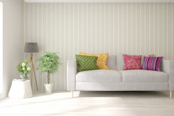 White living room with sofa. Scandinavian interior design. 3D illustration