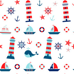 Seampless pattern with sailboat, steering wheel, anchor, lighthouse, whale, crab, starfish. Cute Marine pattern for fabric, baby clothes, background, wrapping paper and other decoration.
