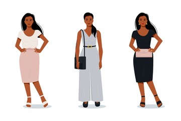 Obraz premium Stylish modern afro woman in flat style. Vector female characters in different clothes. Evening outfit. Office suit.